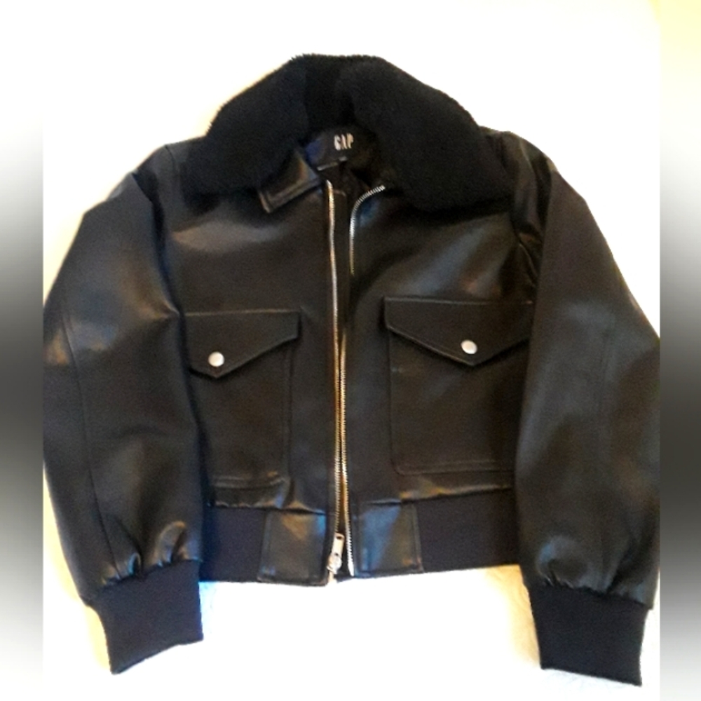 GAP BLACK FAUX LEATHER JACKET WITH DETACHABLE COLLAR